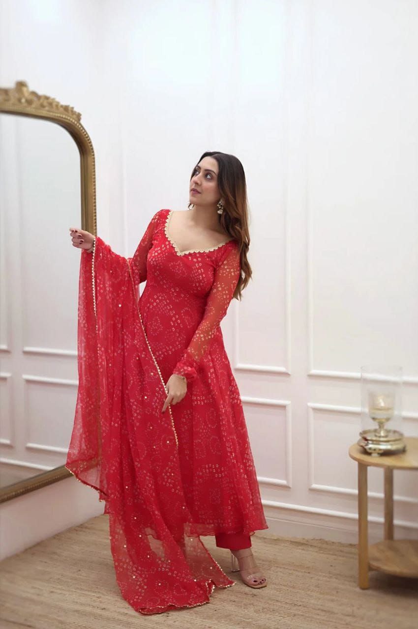 Women’s Red Bandhani Printed Gown – Ethnic Party & Festive Wear