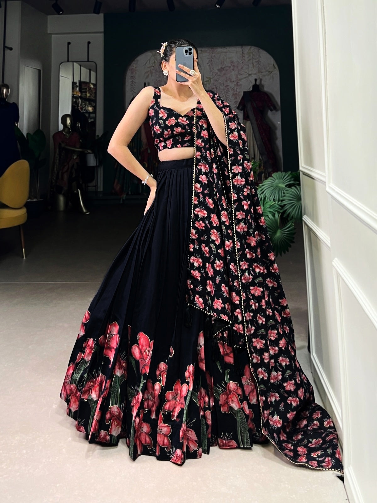 Black Floral Print Dola Silk Lehenga Choli with Dupatta – Party & Wedding Wear