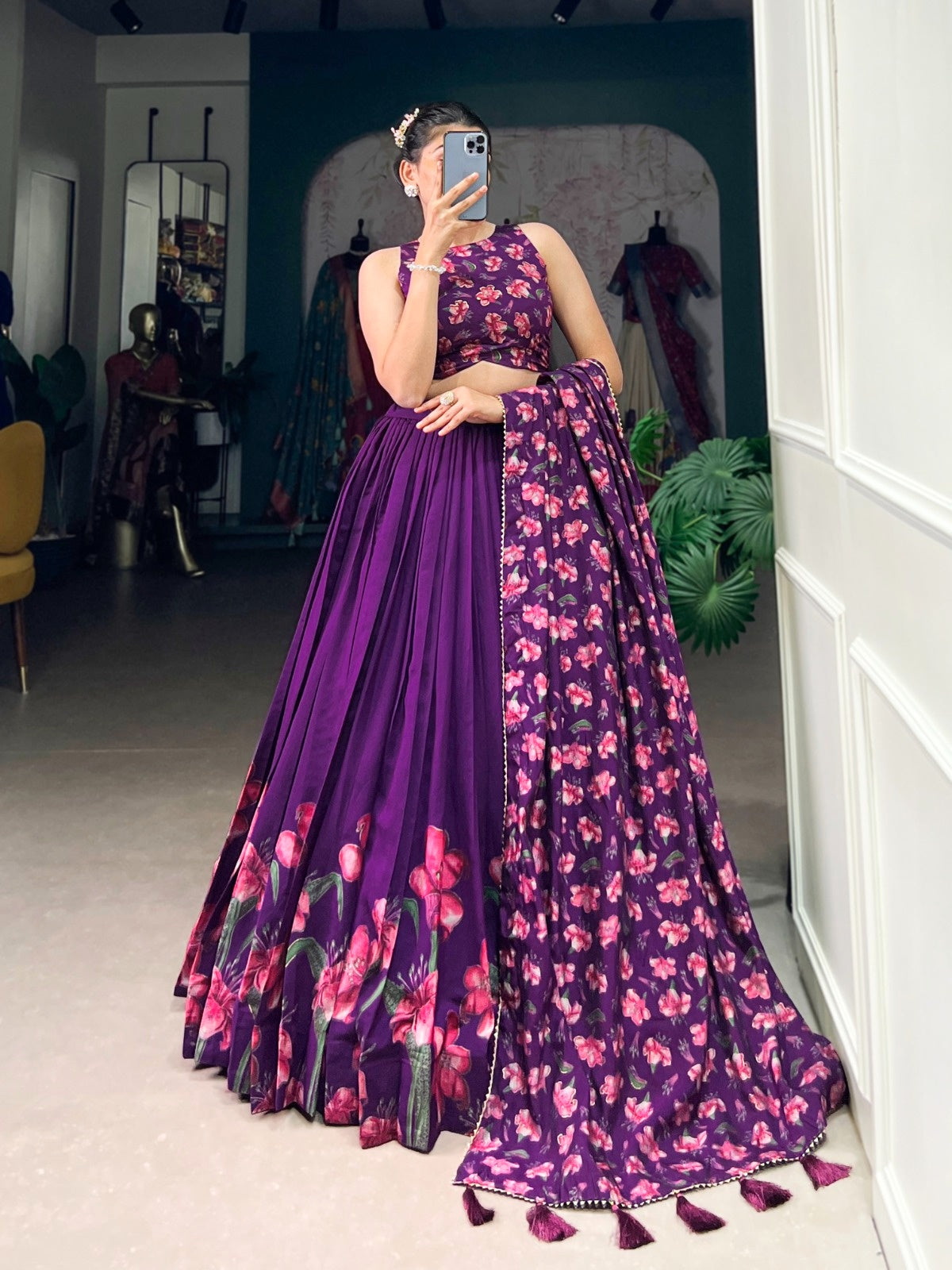 Purple Floral Print Dola Silk Lehenga Choli with Dupatta – Wedding & Party Wear