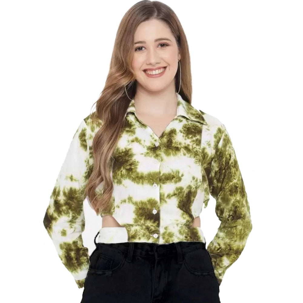 Green Printed Rayon Top for Women - 3/4 Sleeve Spread Collar Casual Top