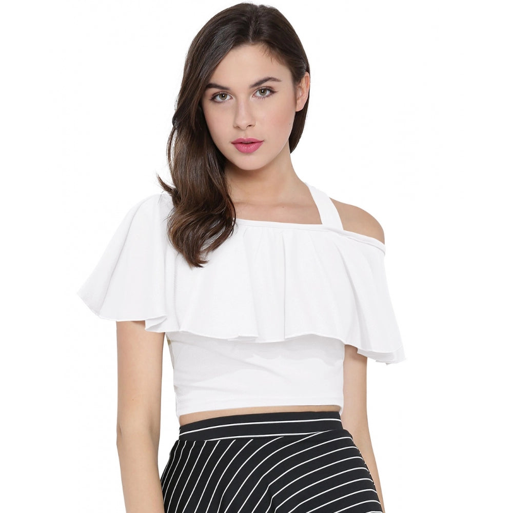 White Hosiery Crop Top for Women - Sleeveless Designer Neck Western Wear Top