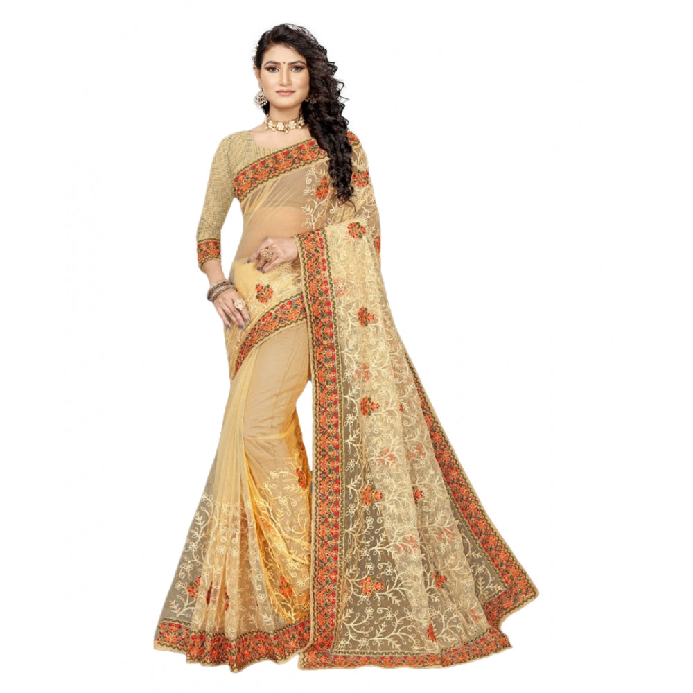 Chiku Net Saree with Unstitched Blouse for Women - Traditional Party Wear (5-6 Meters)