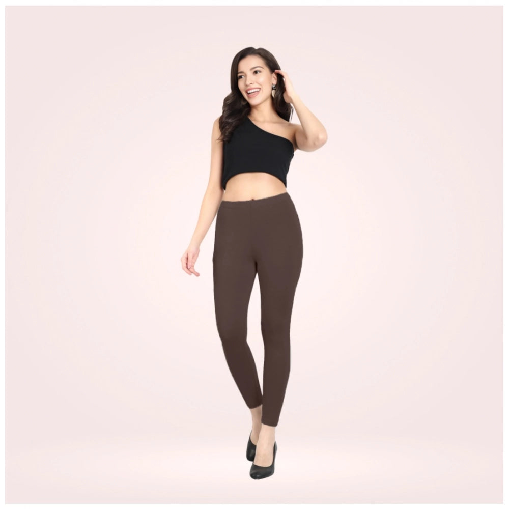 Brown Cotton Blended Ankle Leggings for Women - Solid Pattern Comfortable Bottom Wear