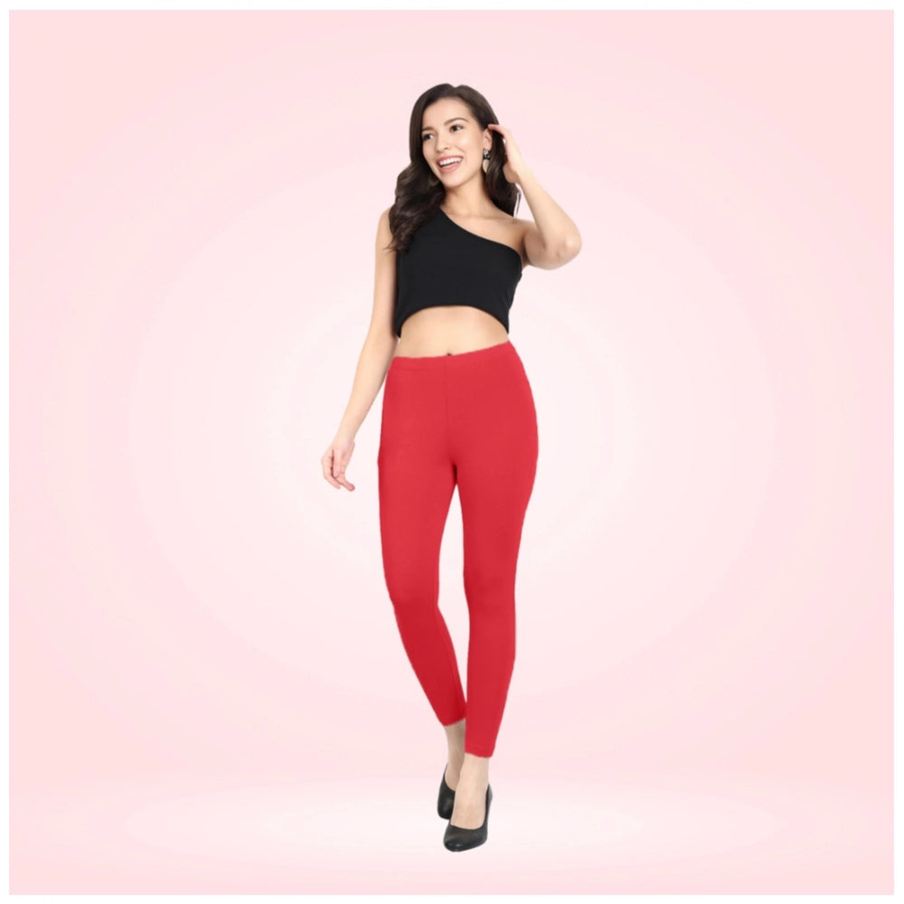 Red Cotton Blended Ankle Leggings for Women - Solid Pattern Comfortable Bottom Wear