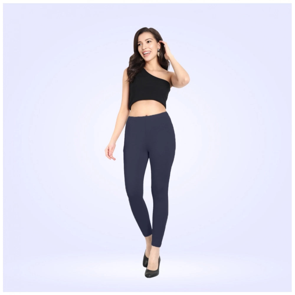 Navy Cotton Blended Ankle Leggings for Women - Solid Pattern Comfortable Bottom Wear