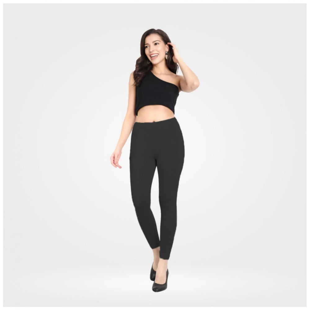 Black Cotton Blended Ankle Leggings for Women - Solid Pattern Comfortable Bottom Wear