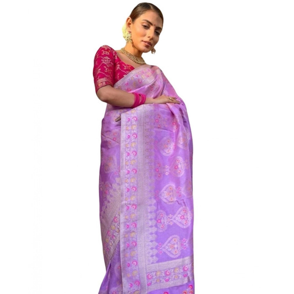 Lavender Soft Litchi Silk Saree with Jacquard Work - Elegant Traditional Saree with Unstitched Blouse