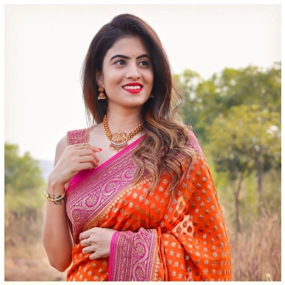 Orange Soft Litchi Silk Saree with Jacquard Work - Vibrant Traditional Saree with Unstitched Blouse