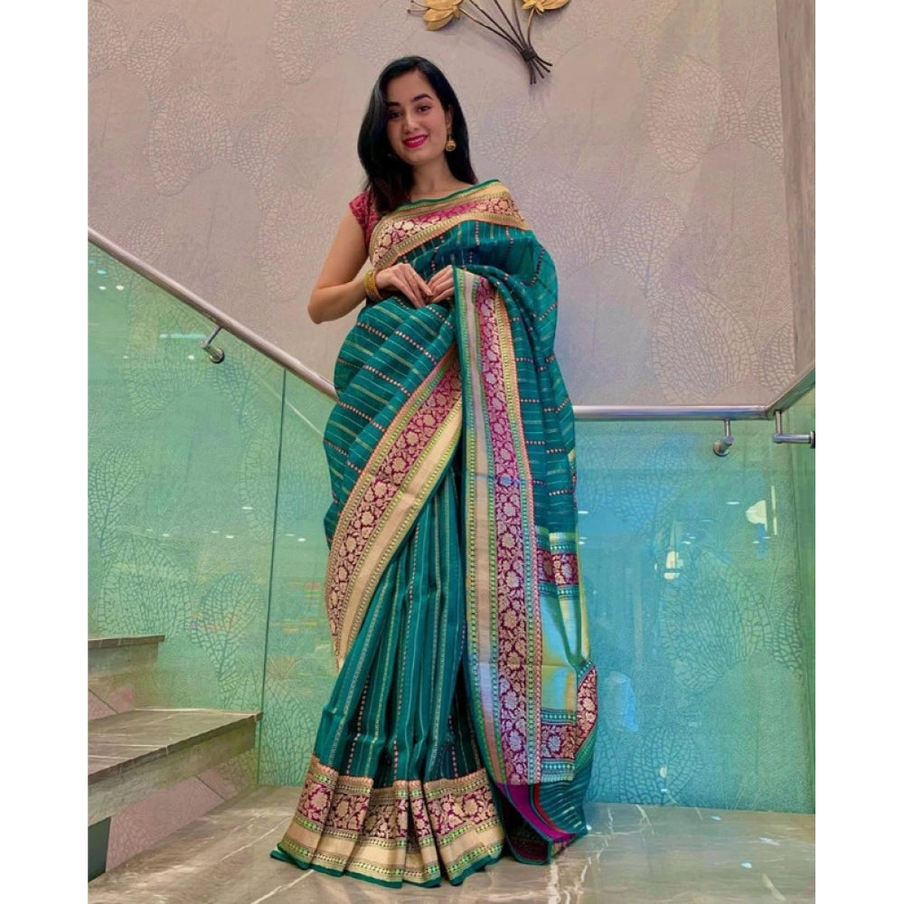 Green Soft Litchi Silk Saree with Jacquard Work - Premium Traditional Saree with Unstitched Blouse
