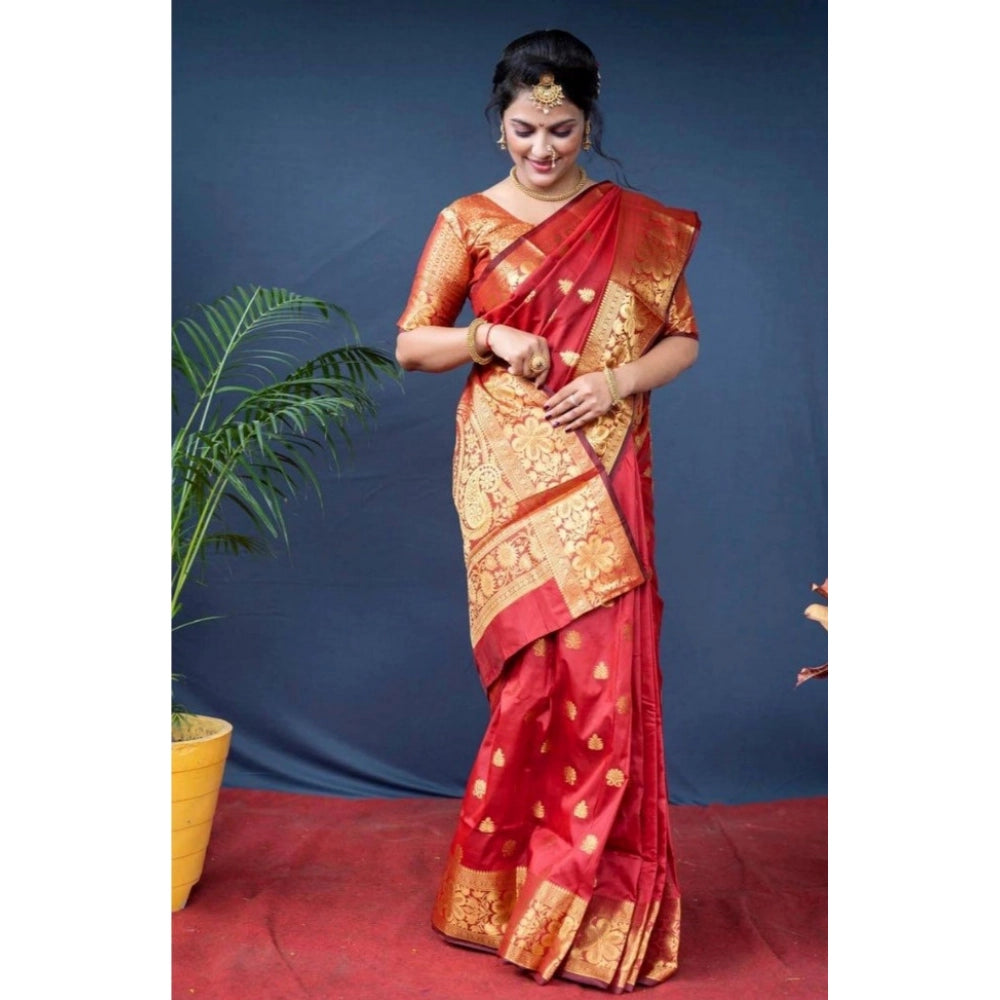 Red Soft Litchi Silk Saree with Jacquard Work - Elegant Traditional Saree with Unstitched Blouse