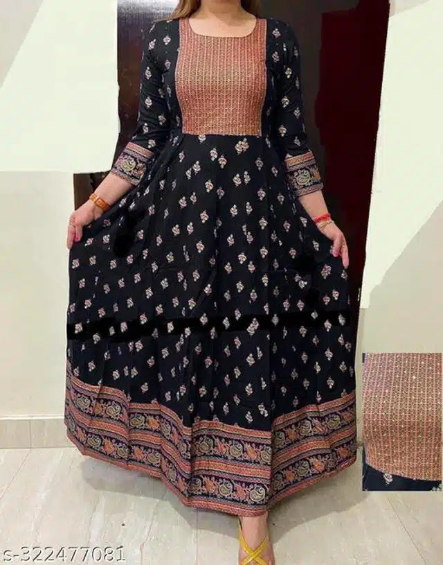 Anarkali Rayon Printed Kurti for Women – Black & Peach, Size S