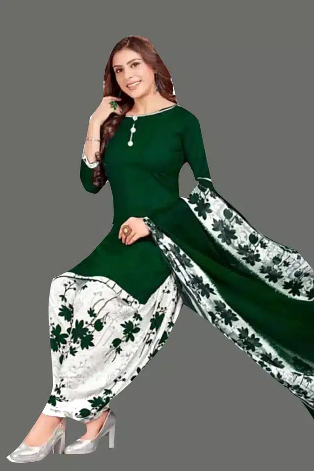 Crepe Printed Dress Material for Women & Girls – White & Green Unstitched Suit Fabric