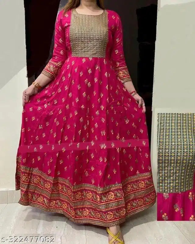 Anarkali Rayon Printed Kurti for Women – Dark Pink, Size S
