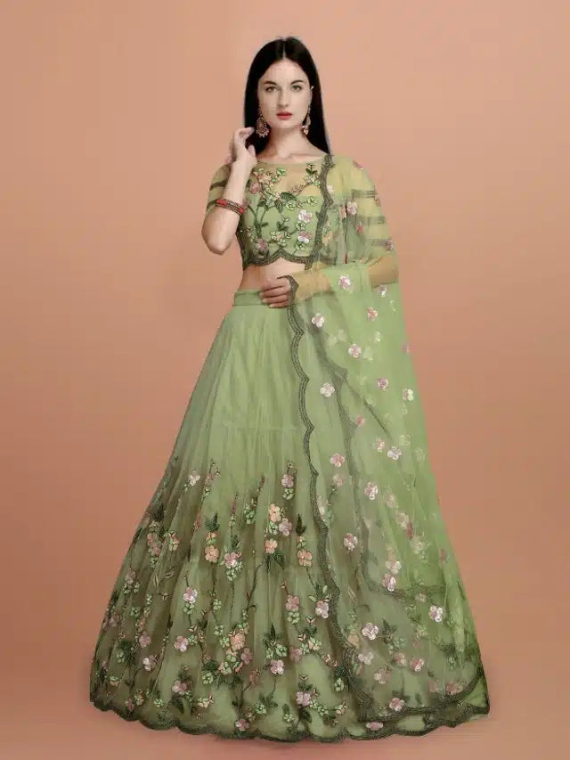 Green Net Embroidered Semi Stitched Lehenga Choli for Women