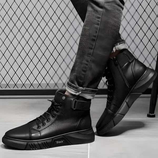 Men’s Black Casual Boots – Stylish Canvas Outdoor Ankle Boots with PVC Sole (Size 6)
