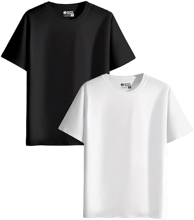 Men’s Round Neck T-Shirts – Black & White Cotton Casual Tees (Pack of 2, Size S)