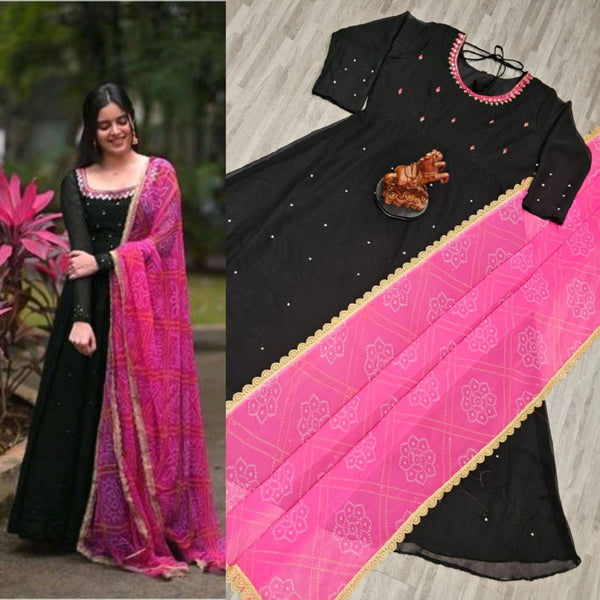 Women’s Solid Georgette Gown Kurta Set with Dupatta – Ethnic Long Kurti Dress for All Occasions