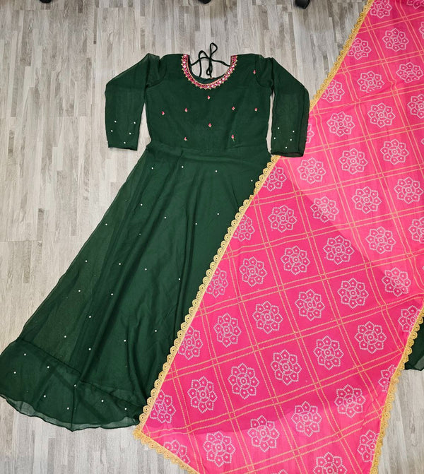 Women’s Solid Georgette Gown Kurta Set with Dupatta – Ethnic Long Kurti Dress for All Occasions