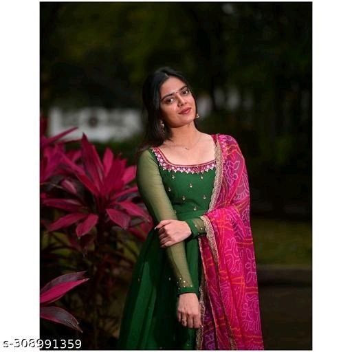 Women’s Solid Georgette Gown Kurta Set with Dupatta – Ethnic Long Kurti Dress for All Occasions