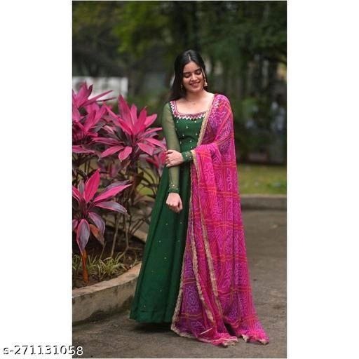 Women’s Solid Georgette Gown Kurta Set with Dupatta – Ethnic Long Kurti Dress for All Occasions