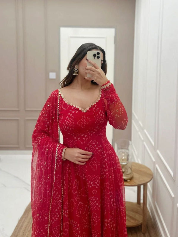 Women’s Red Bandhani Printed Gown – Ethnic Party & Festive Wear