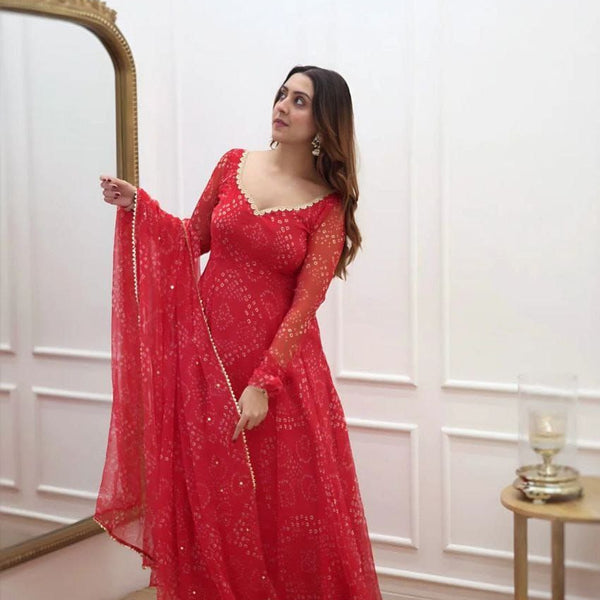 Women’s Red Bandhani Printed Gown – Ethnic Party & Festive Wear