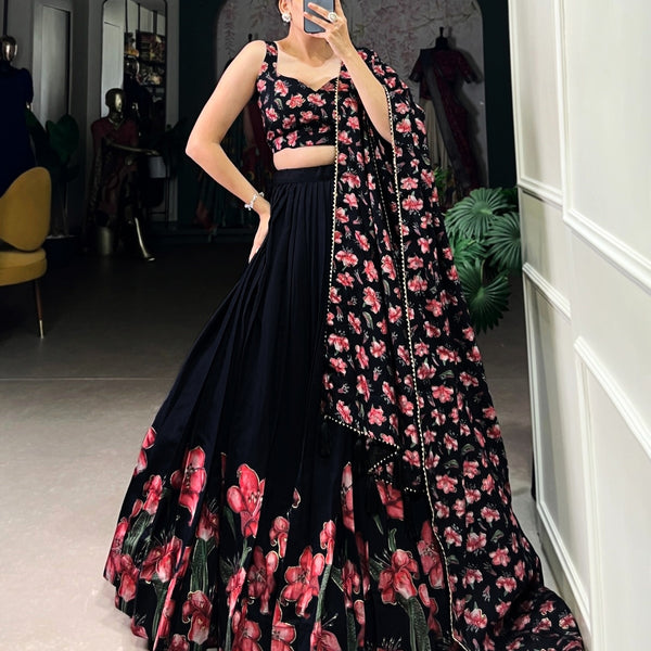 Black Floral Print Dola Silk Lehenga Choli with Dupatta – Party & Wedding Wear