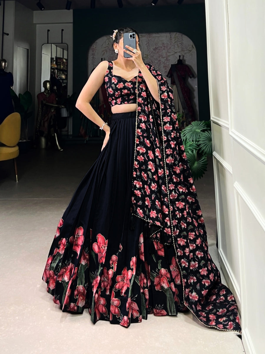 Black Floral Print Dola Silk Lehenga Choli with Dupatta – Party & Wedding Wear