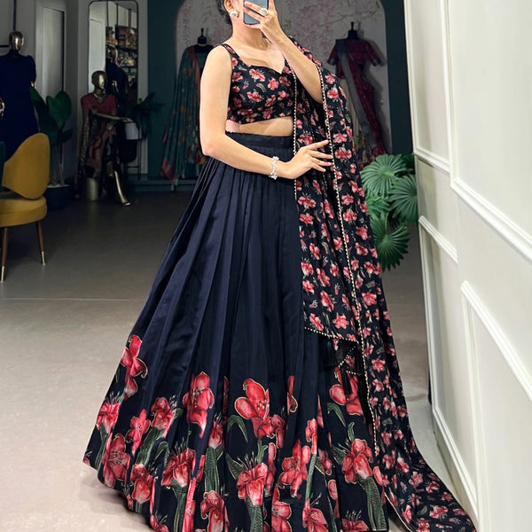 Black Dola Silk Floral Print Lehenga Choli with Dupatta – Party & Wedding Wear