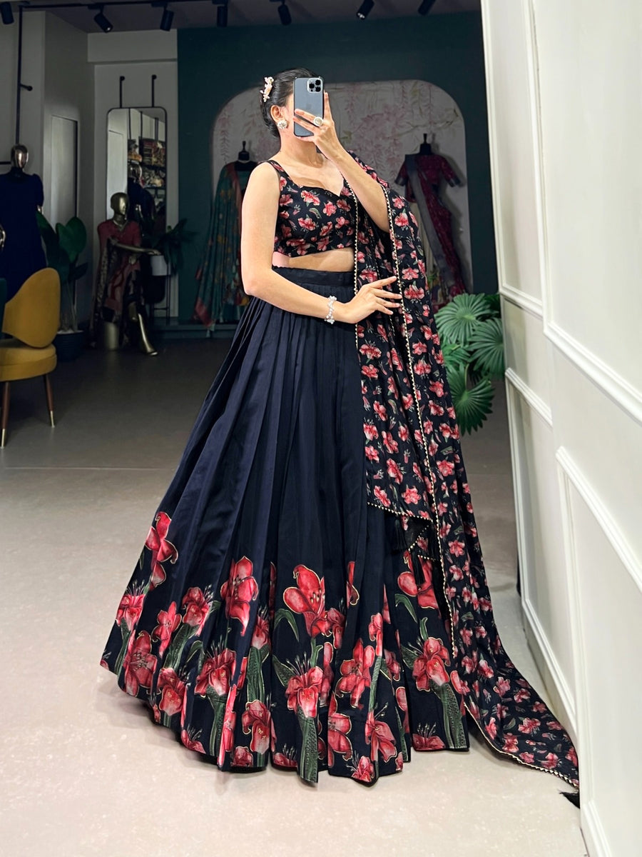 Black Dola Silk Floral Print Lehenga Choli with Dupatta – Party & Wedding Wear