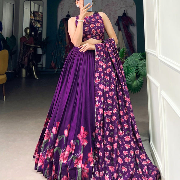 Purple Floral Print Dola Silk Lehenga Choli with Dupatta – Wedding & Party Wear
