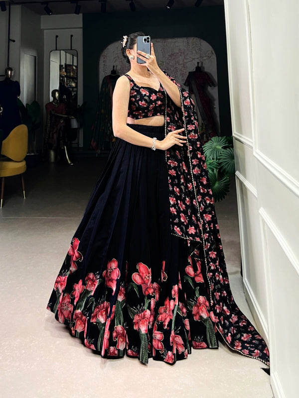 Black Floral Print Dola Silk Lehenga Choli with Dupatta – Party & Wedding Wear