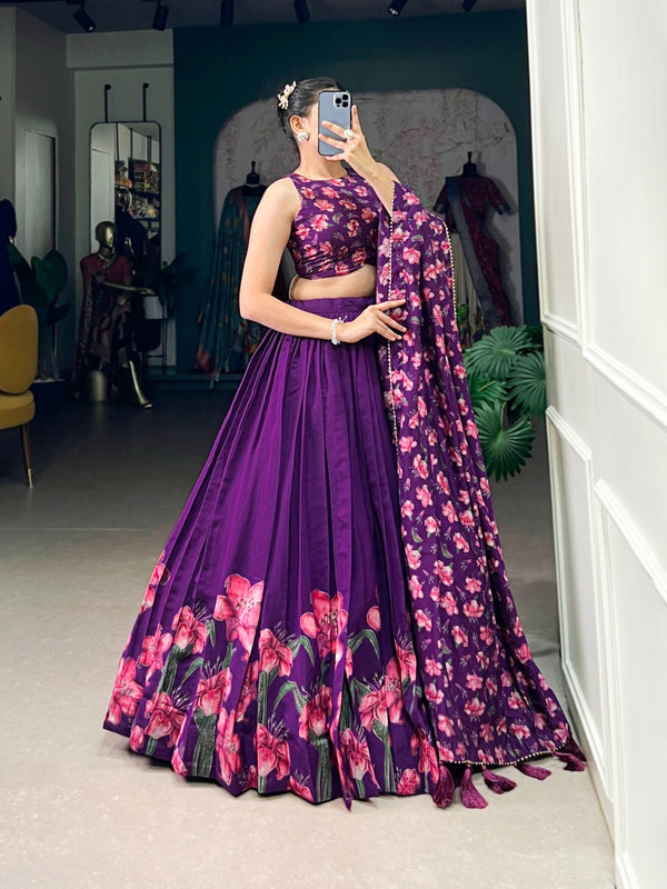 Purple Floral Print Dola Silk Lehenga Choli with Dupatta – Wedding & Party Wear