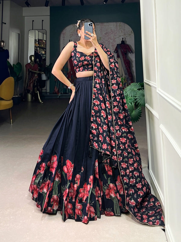 Black Dola Silk Floral Print Lehenga Choli with Dupatta – Party & Wedding Wear