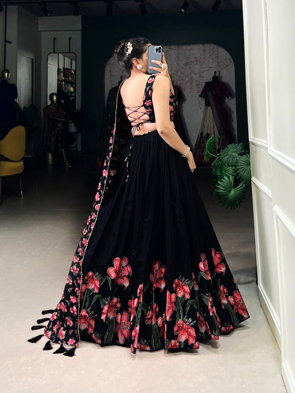 Black Floral Print Dola Silk Lehenga Choli with Dupatta – Party & Wedding Wear