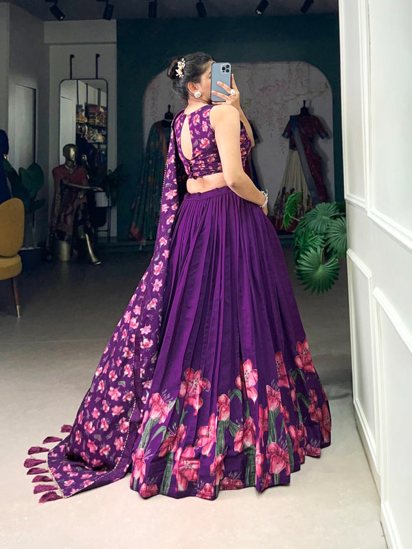 Purple Floral Print Dola Silk Lehenga Choli with Dupatta – Wedding & Party Wear
