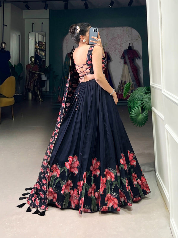 Black Dola Silk Floral Print Lehenga Choli with Dupatta – Party & Wedding Wear