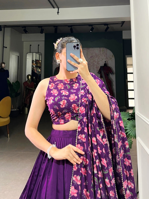 Purple Floral Print Dola Silk Lehenga Choli with Dupatta – Wedding & Party Wear