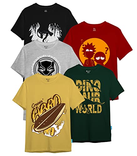 Men’s Round Neck Printed T-Shirts – Pack of 5 Graphic Tees (Multicolor)