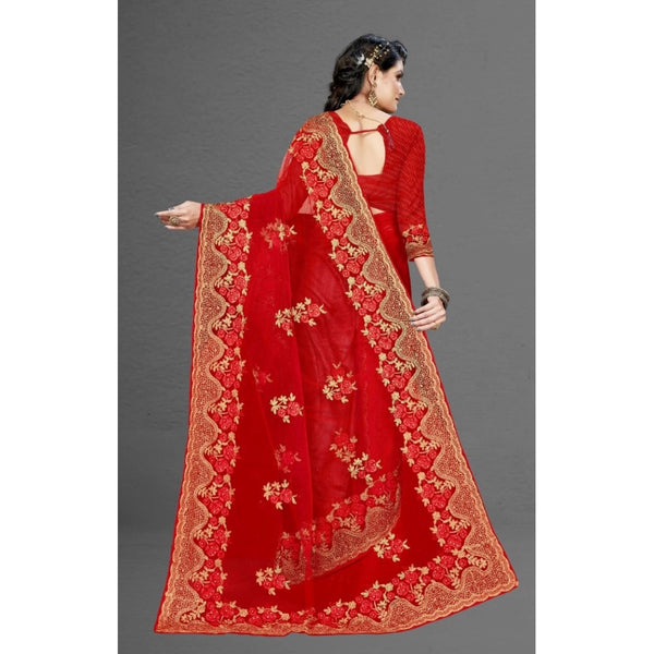 Red Net Saree with Blouse for Women - Traditional Party Wear Saree (5-6 Meters)