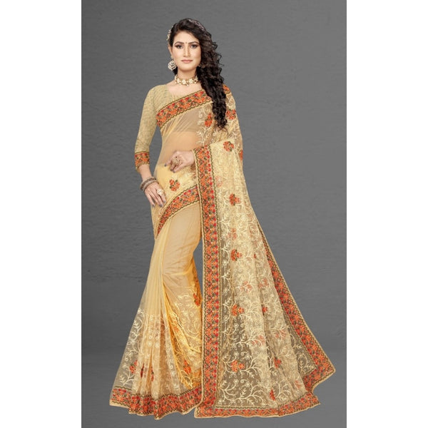 Chiku Net Saree with Unstitched Blouse for Women - Traditional Party Wear (5-6 Meters)