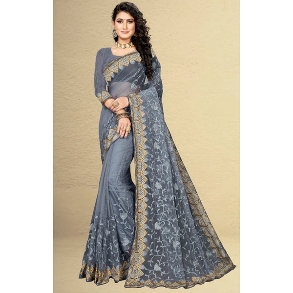 Grey Net Saree with Unstitched Blouse for Women - Traditional Festive Wear (5-6 Meters)