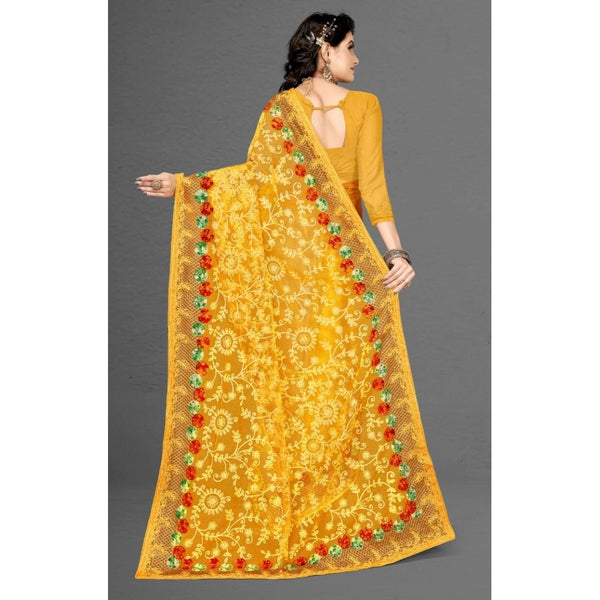 Yellow Net Saree with Unstitched Blouse for Women - Traditional Party Wear (5-6 Meters)