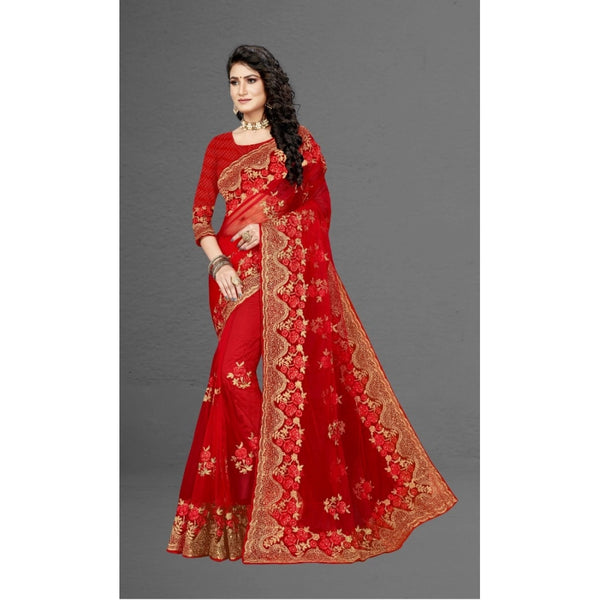 Red Net Saree with Blouse for Women - Traditional Party Wear Saree (5-6 Meters)