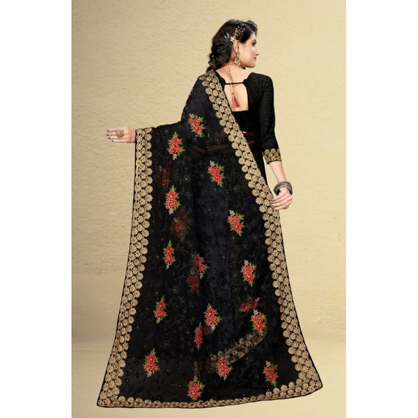 Black Net Saree with Unstitched Blouse for Women - Traditional Party Wear (5-6 Meters)