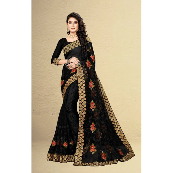 Black Net Saree with Unstitched Blouse for Women - Traditional Party Wear (5-6 Meters)