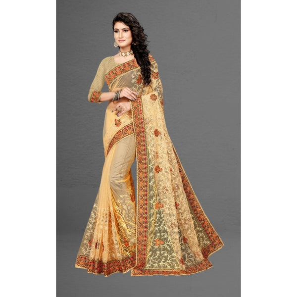 Chiku Net Saree with Unstitched Blouse for Women - Traditional Party Wear (5-6 Meters)