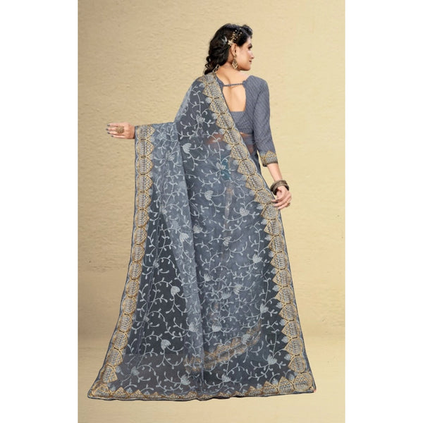 Grey Net Saree with Unstitched Blouse for Women - Traditional Festive Wear (5-6 Meters)