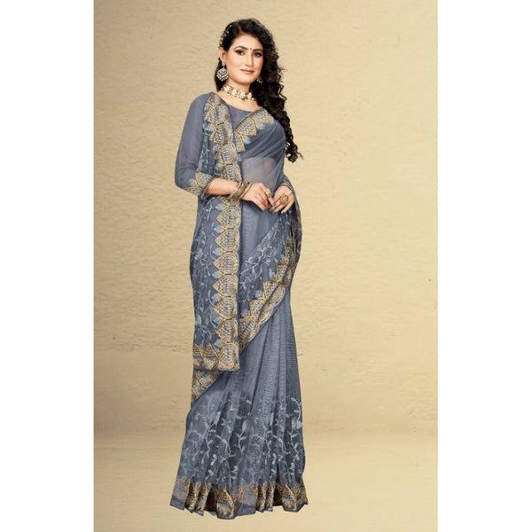 Grey Net Saree with Unstitched Blouse for Women - Traditional Festive Wear (5-6 Meters)