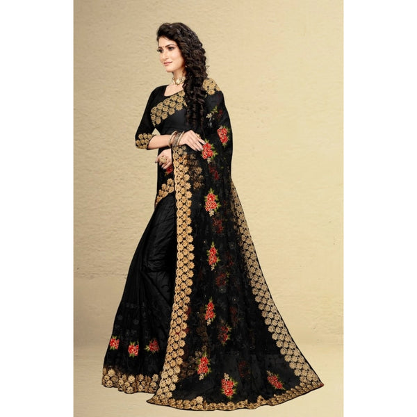 Black Net Saree with Unstitched Blouse for Women - Traditional Party Wear (5-6 Meters)
